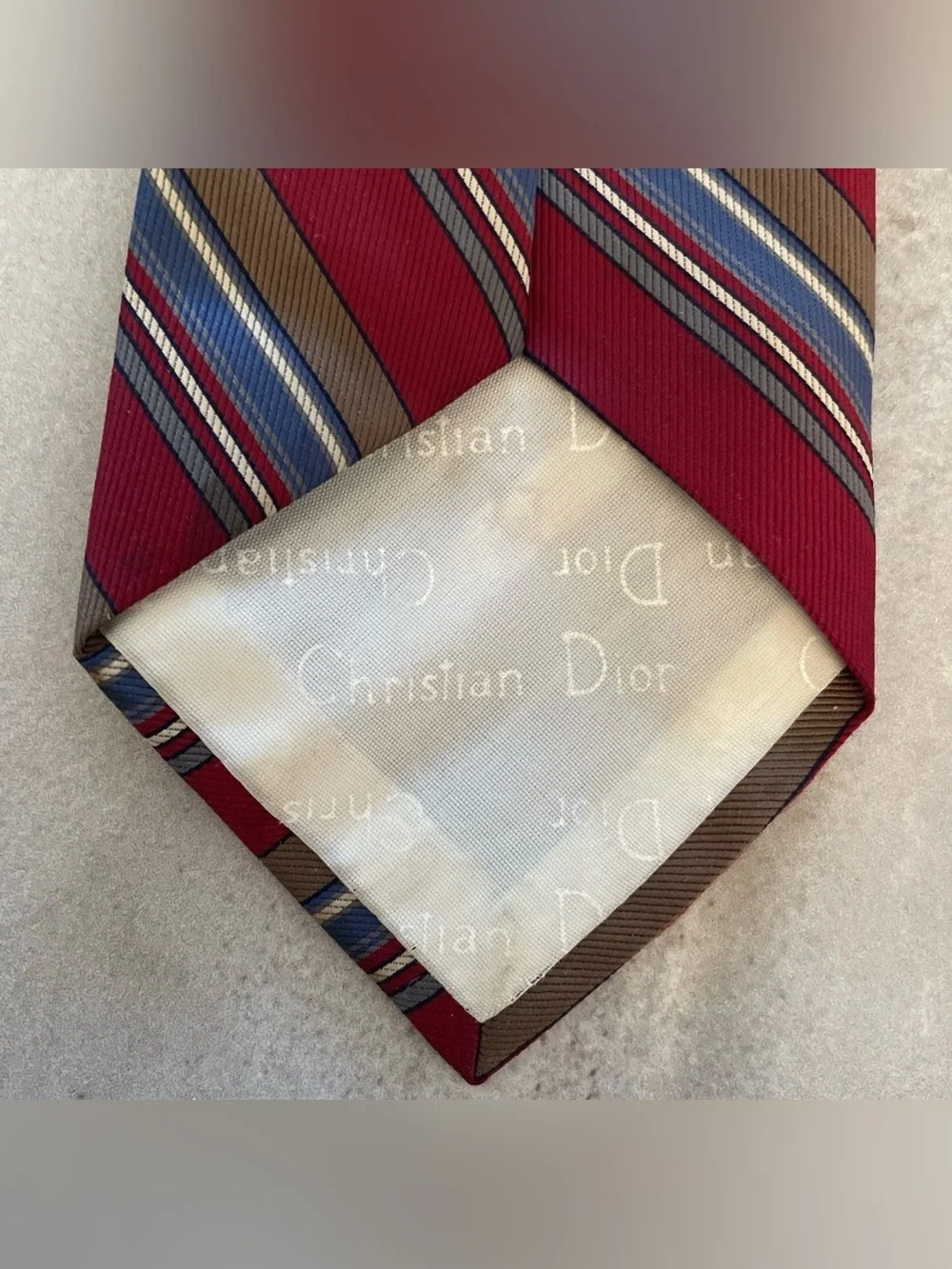 VTG Christian Dior Men’s Necktie Red White Blue Gray Stripe Logo Wording